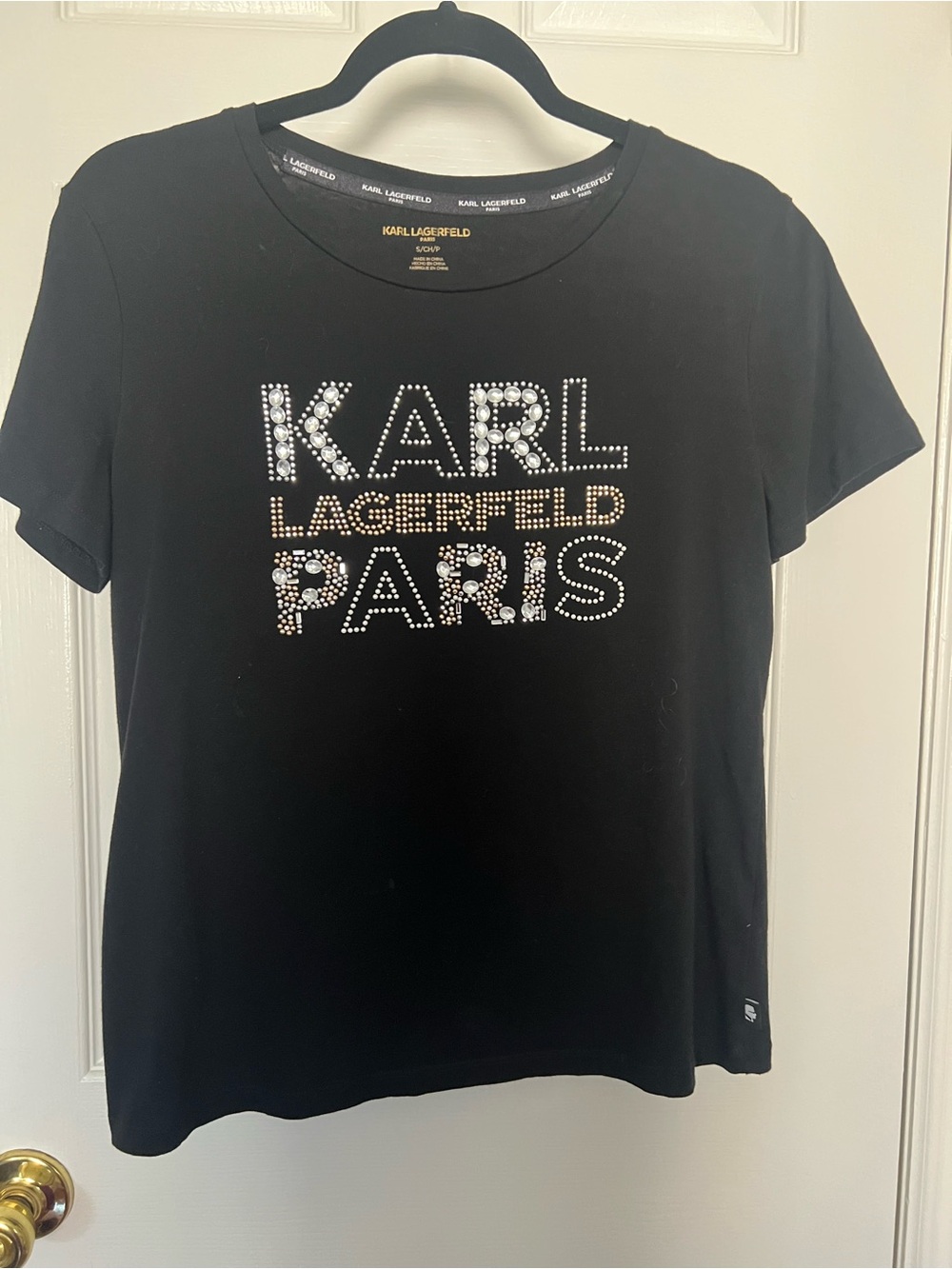 Karl Lagerfeld Black Short-Sleeve Tee with Crystal Logo
